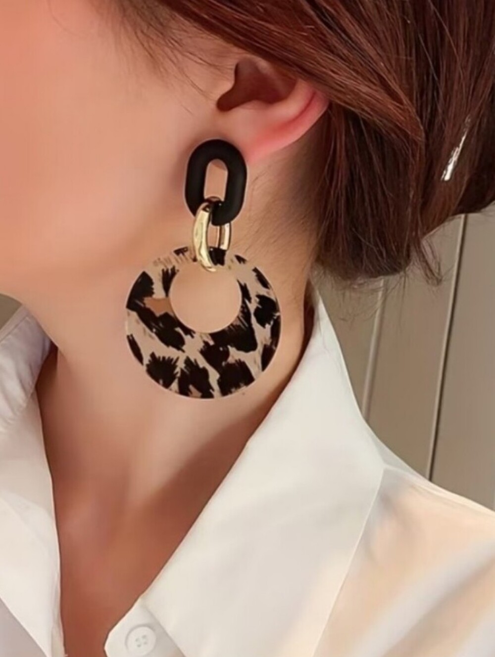 NEW! Classy Leopard Print Gold Accent Drop Post Earrings - Black & Cream